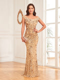 Green Sequined Off-Shoulder Fishtail Formal Evening Gown