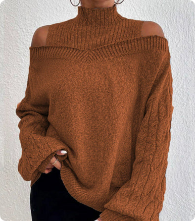 Women's Off-Shoulder Turtleneck Long Sleeve Knit Sweater