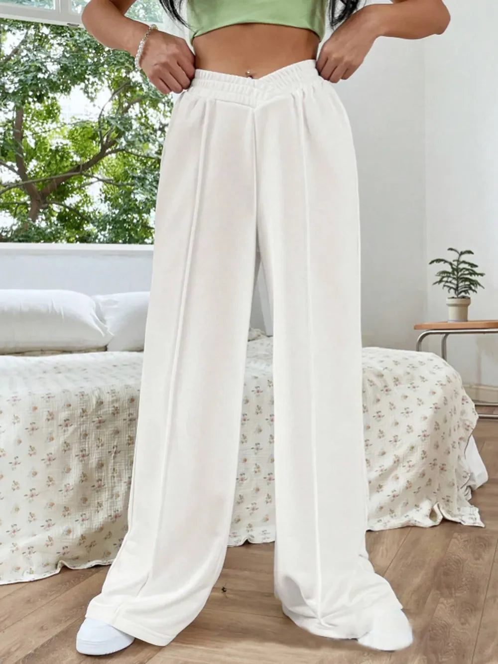Elastic Waist Wide Leg Pants | Grey Knit Relaxed Fit