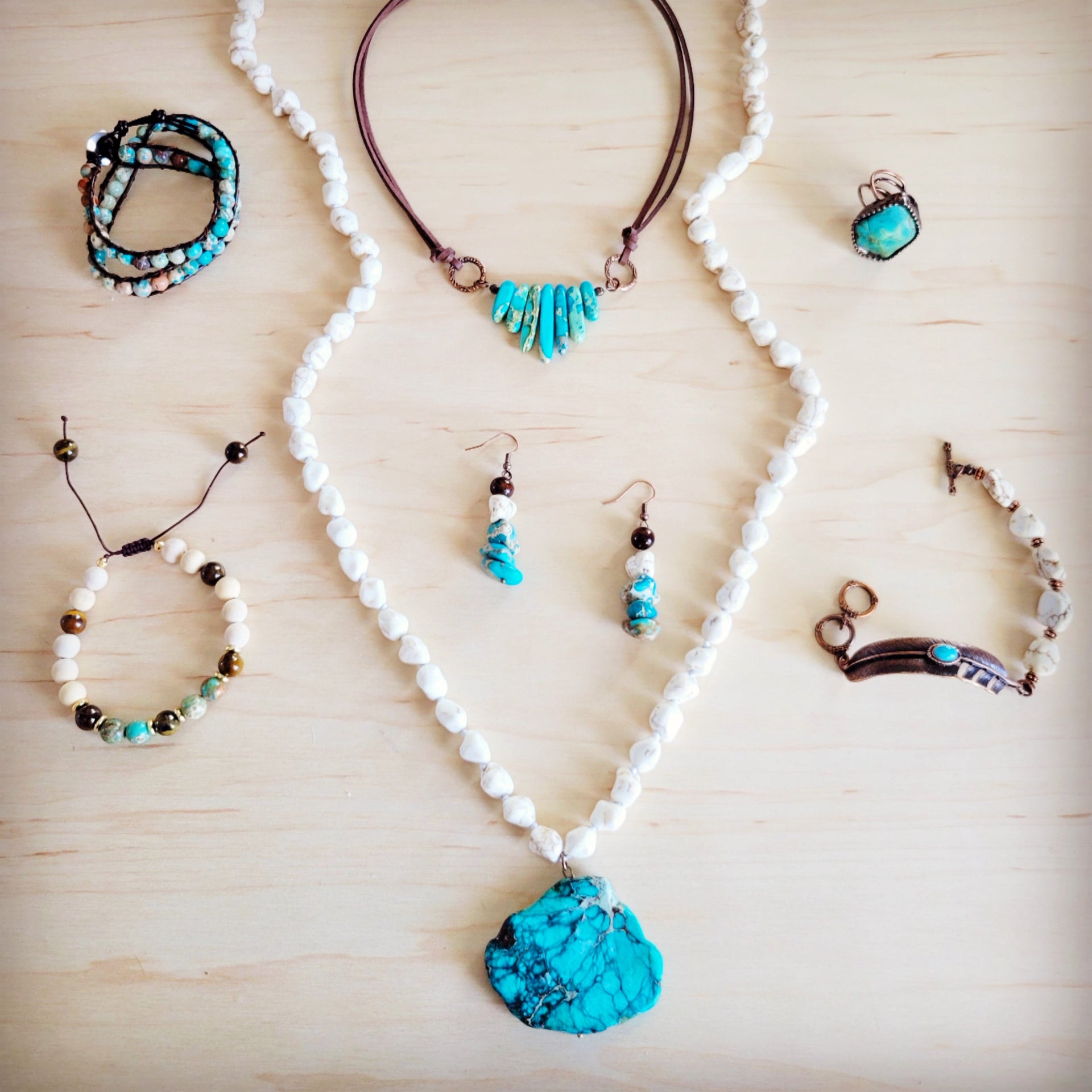 Regalite and Turquoise Wood Drop Earrings Bohemian Style - Image 3