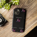 Dual layer tough phone case with black base and pink to blue gradient typography
