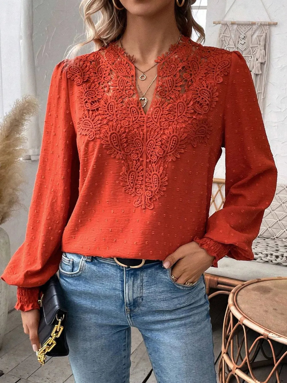 Swiss Dot Lace Detail Notched Long Sleeve Blouse – Feminine Style