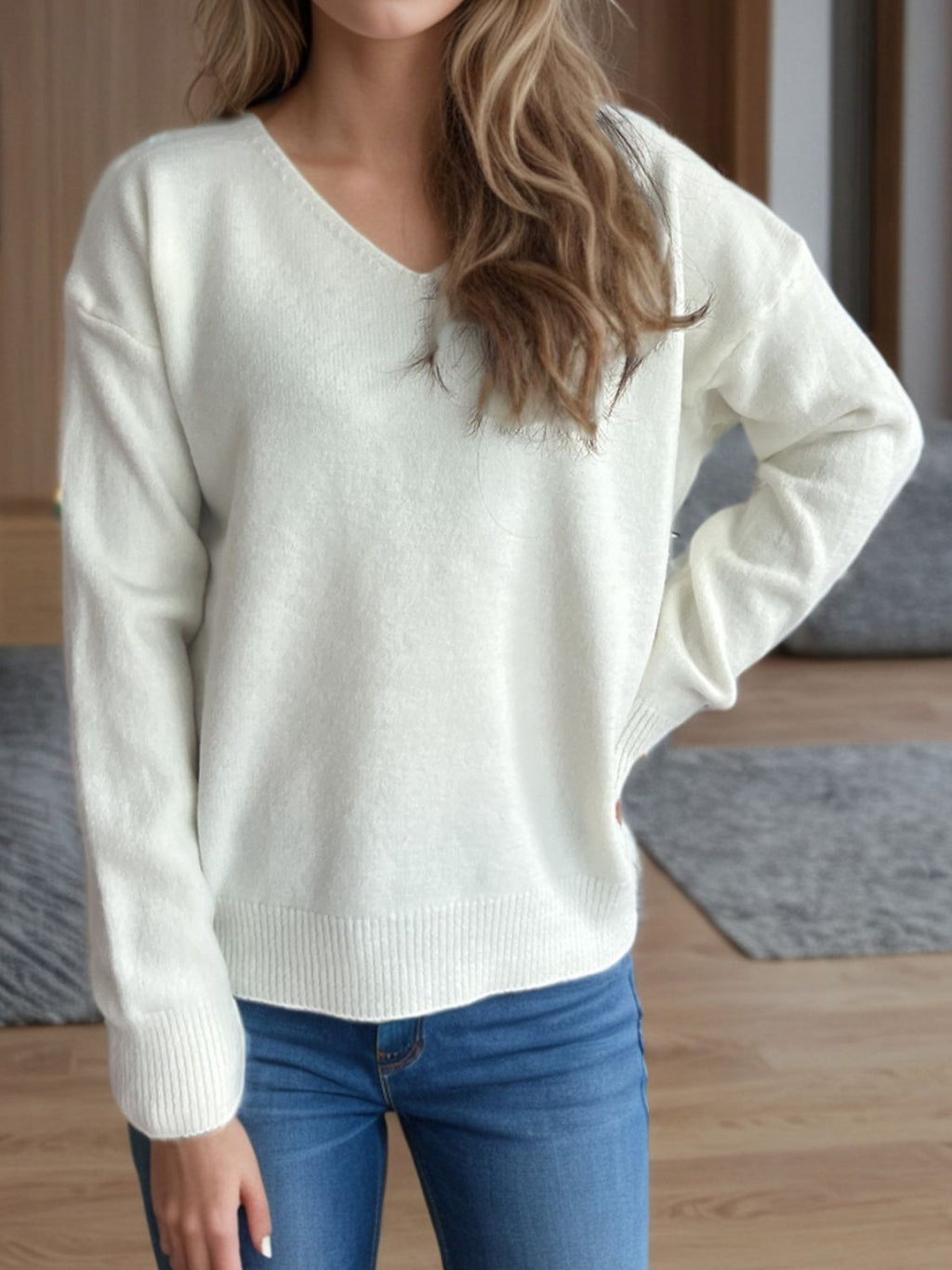 Women's V-Neck Dropped Shoulder Long Sleeve Knit Sweater - Image 2