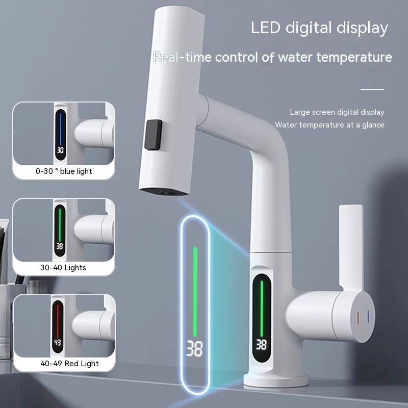Modern 3-in-1 kitchen faucet with pull-out sprayer and digital temperature display screen