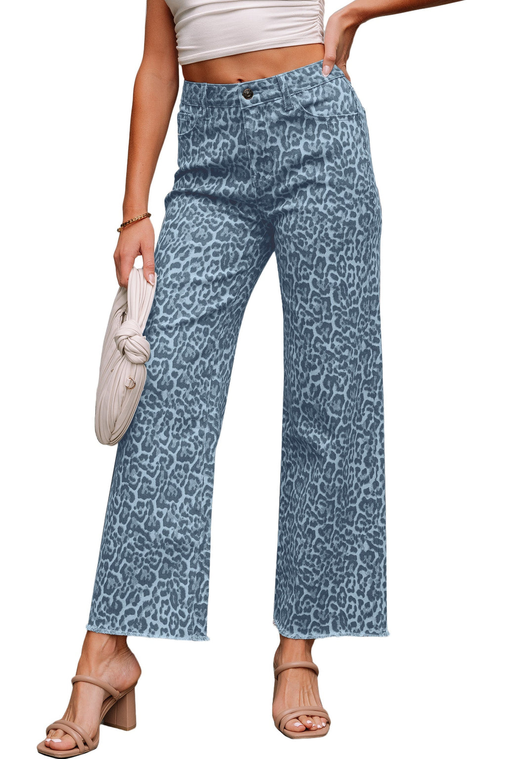 Gray Leopard Frayed Edge Wide Leg High Waist Jeans