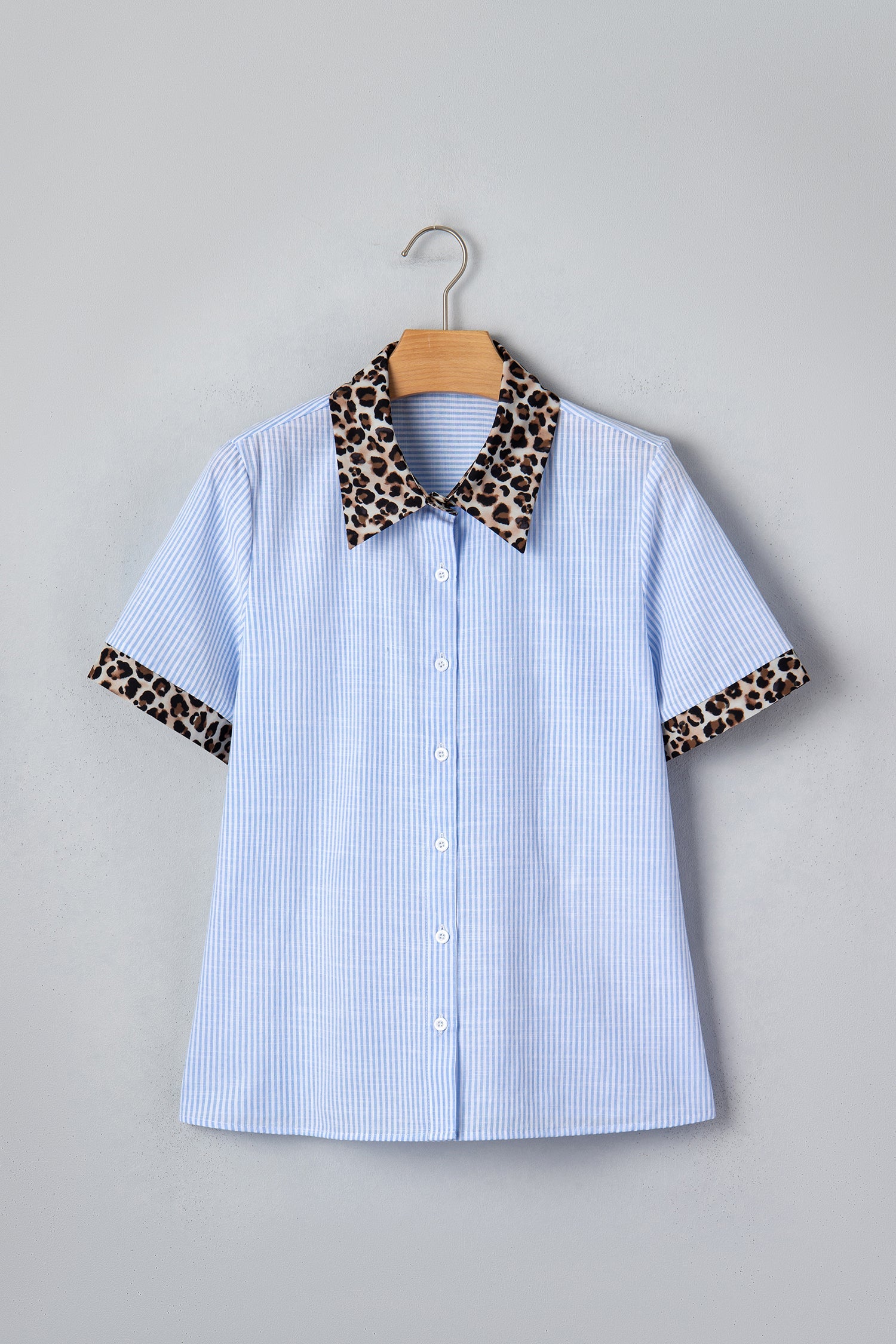 Nadia Collar Short Sleeve Shirt with Striped Leopard Print