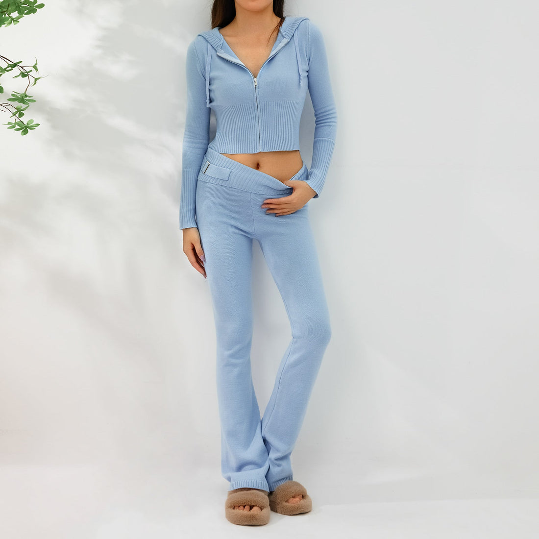 Women's Cozy Knitted 2-Piece Set - Cardigan & High-Waisted Pants