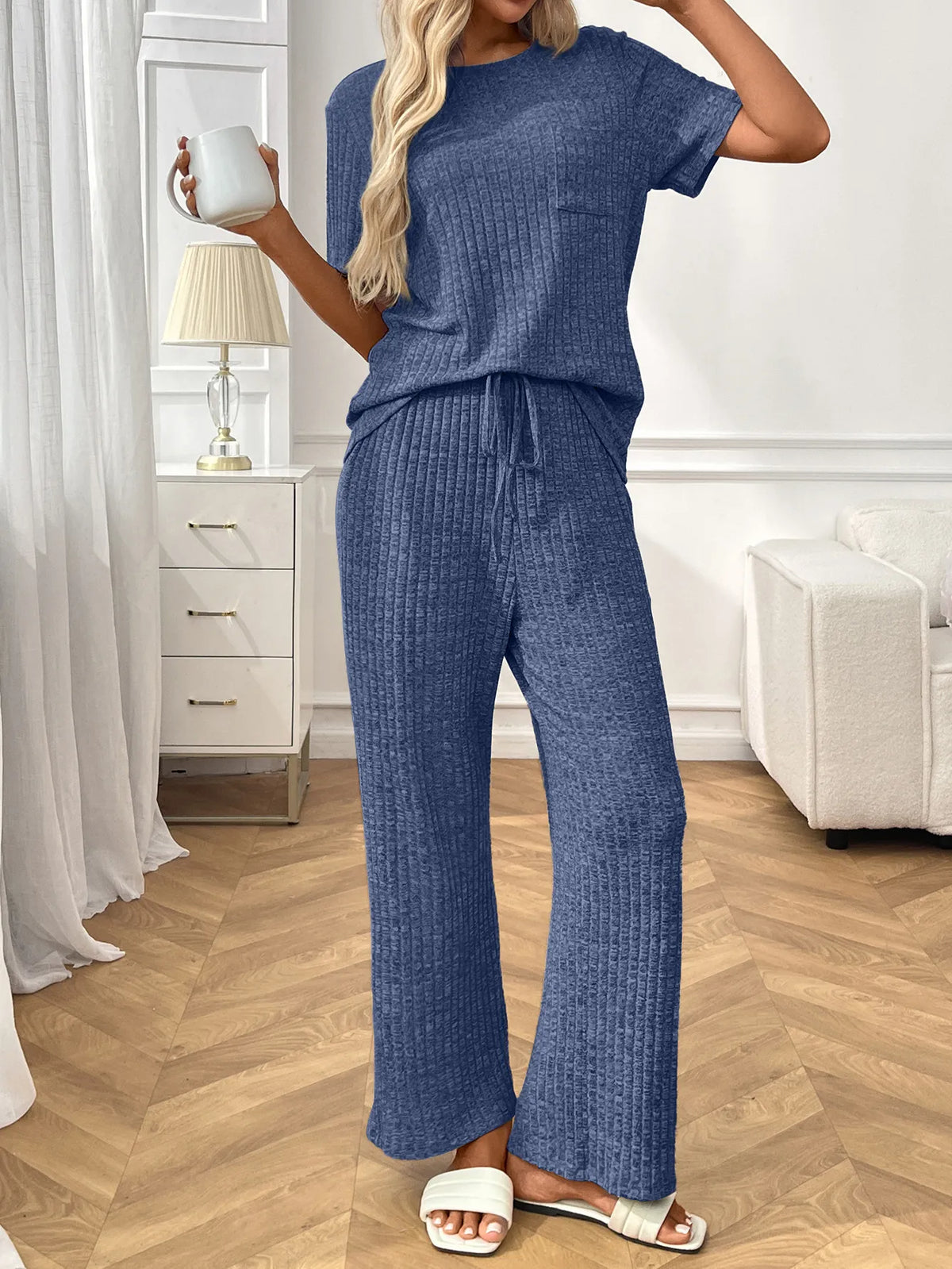 Ribbed Knit Short Sleeve Top and Pants Lounge Set