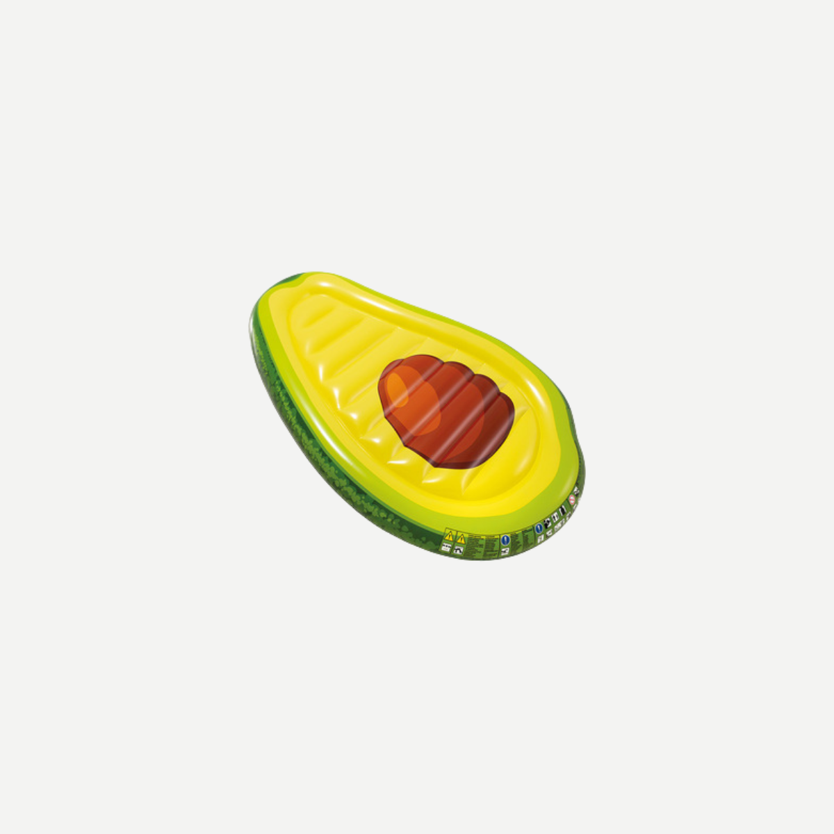 An inflatable avocado-shaped pool float with a bright yellow interior and brown center pit.