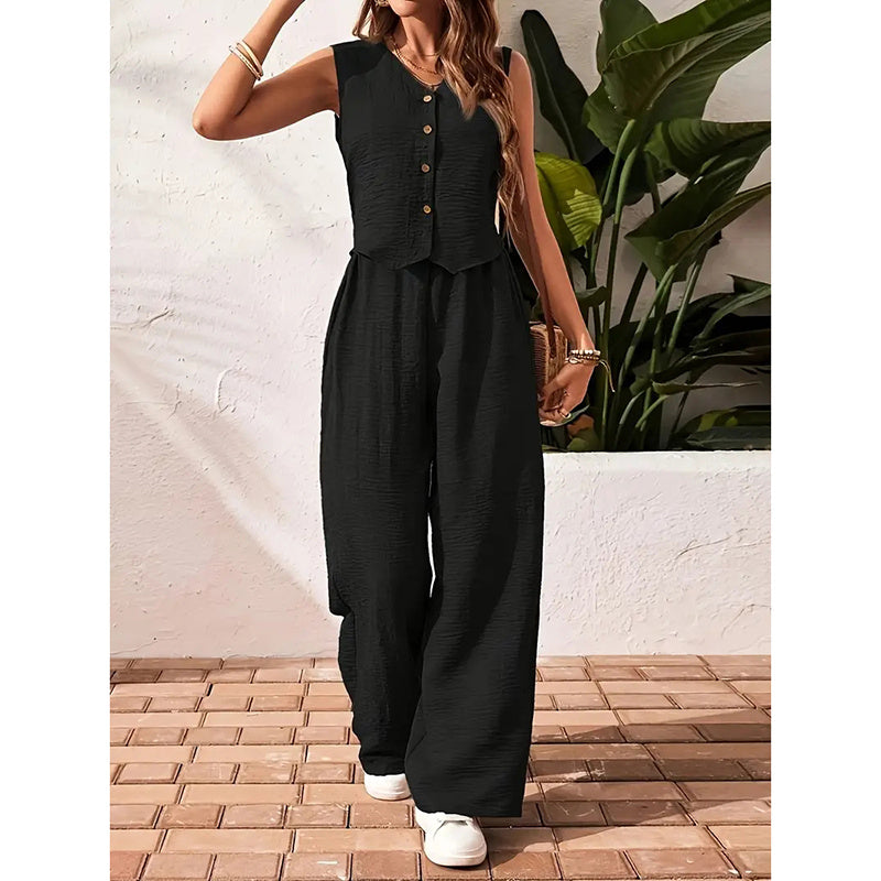 Women’s V-Neck Crop Vest and Wide-Leg Pants Matching Set