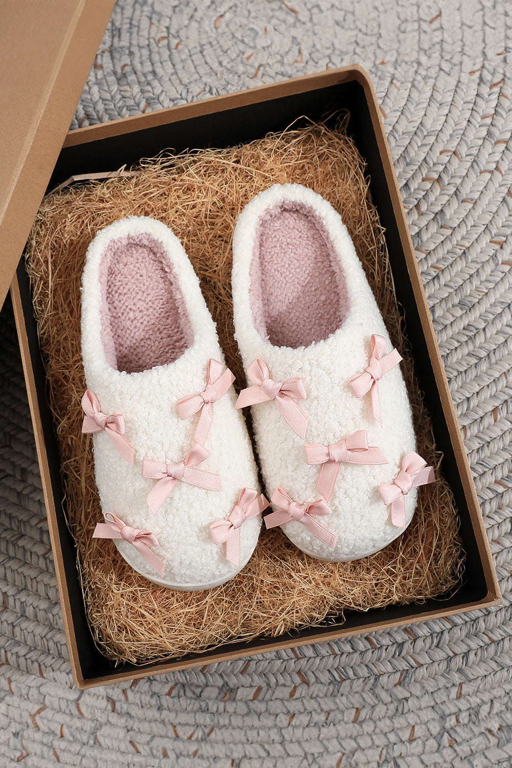 White Ribbed Bow Plush House Slipper | Cozy Indoor Footwear