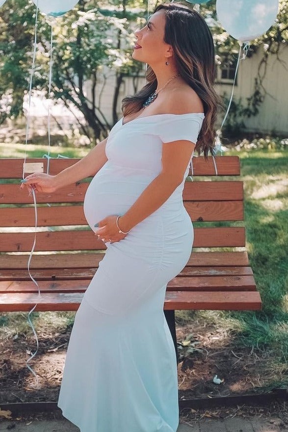 White Off Shoulder Wrap Maternity Photoshoot Gown