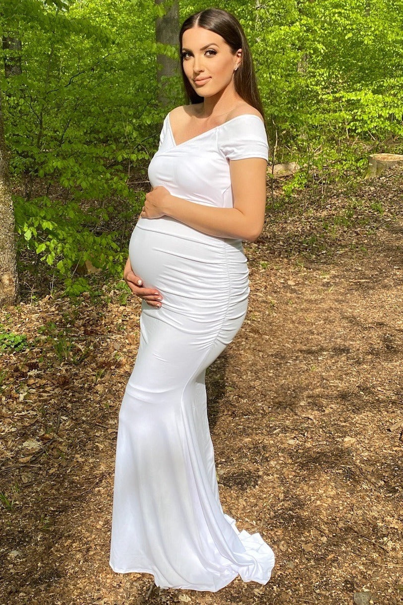 White Off Shoulder Wrap Maternity Photoshoot Gown