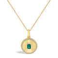 10K Yellow Gold 4x3 MM Emerald and 1/10 Cttw Diamond Circle Fluted Medallion Pendant Necklace
