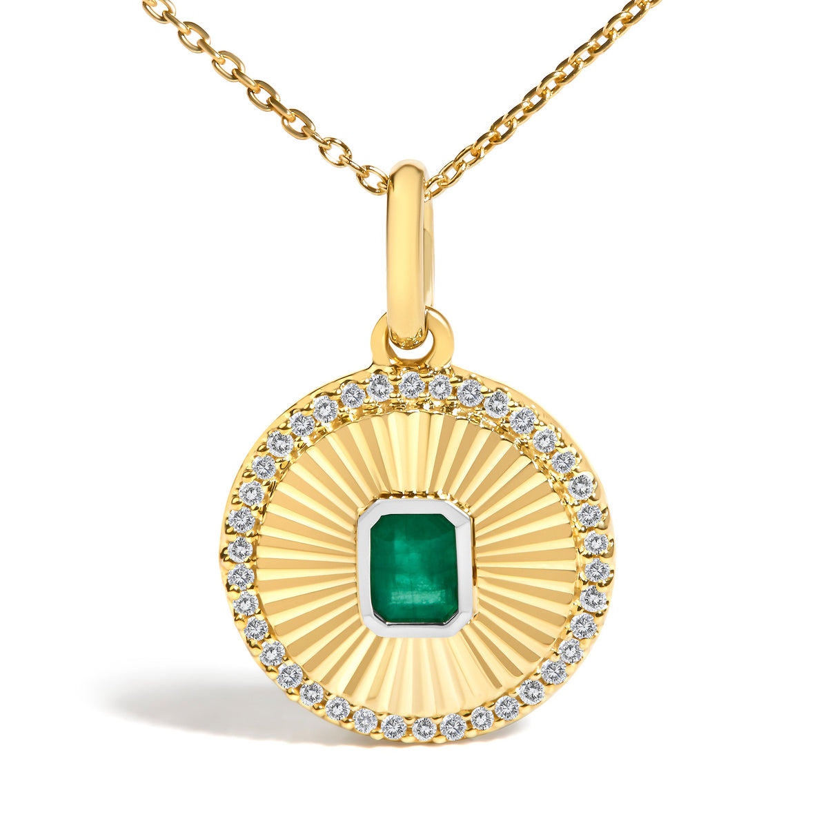 10K Yellow Gold 4x3 MM Emerald and 1/10 Cttw Diamond Circle Fluted Medallion Pendant Necklace