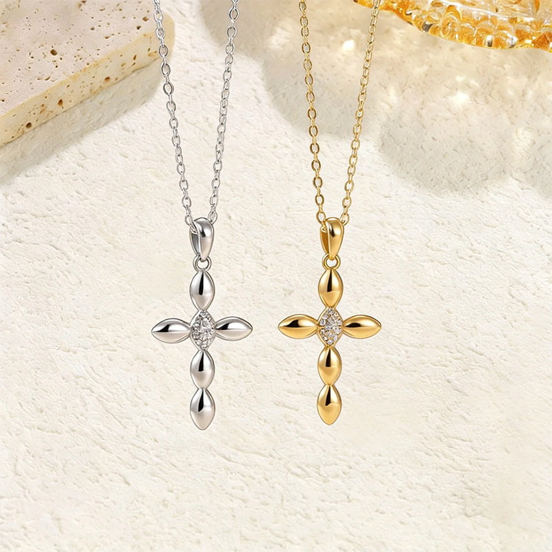 Minimalist stainless steel cross pendant necklace with rhinestone inlay in gold and silver