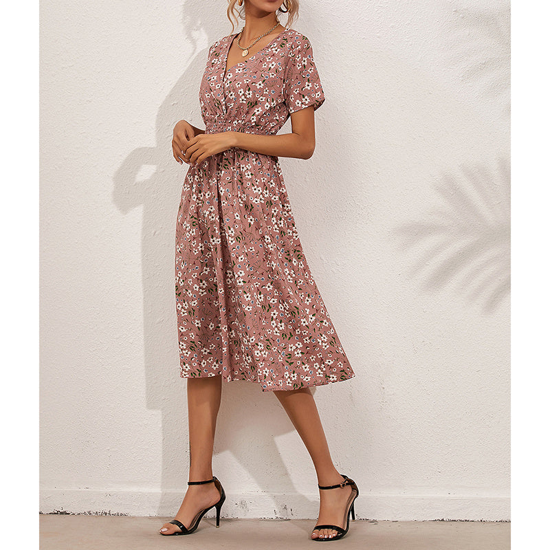 Boho Floral Print V-Neck Mini Dress with Smocked Waist