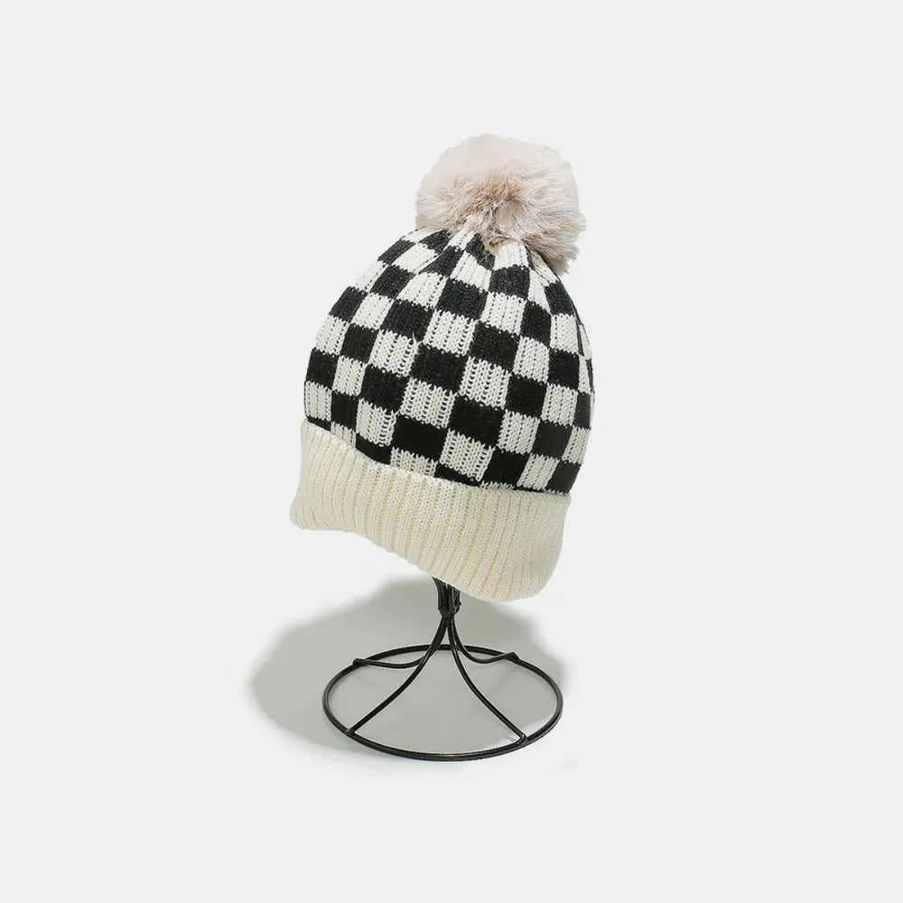 Checkered Knit Beanie with Pompom | Soft Acrylic Winter Hat
