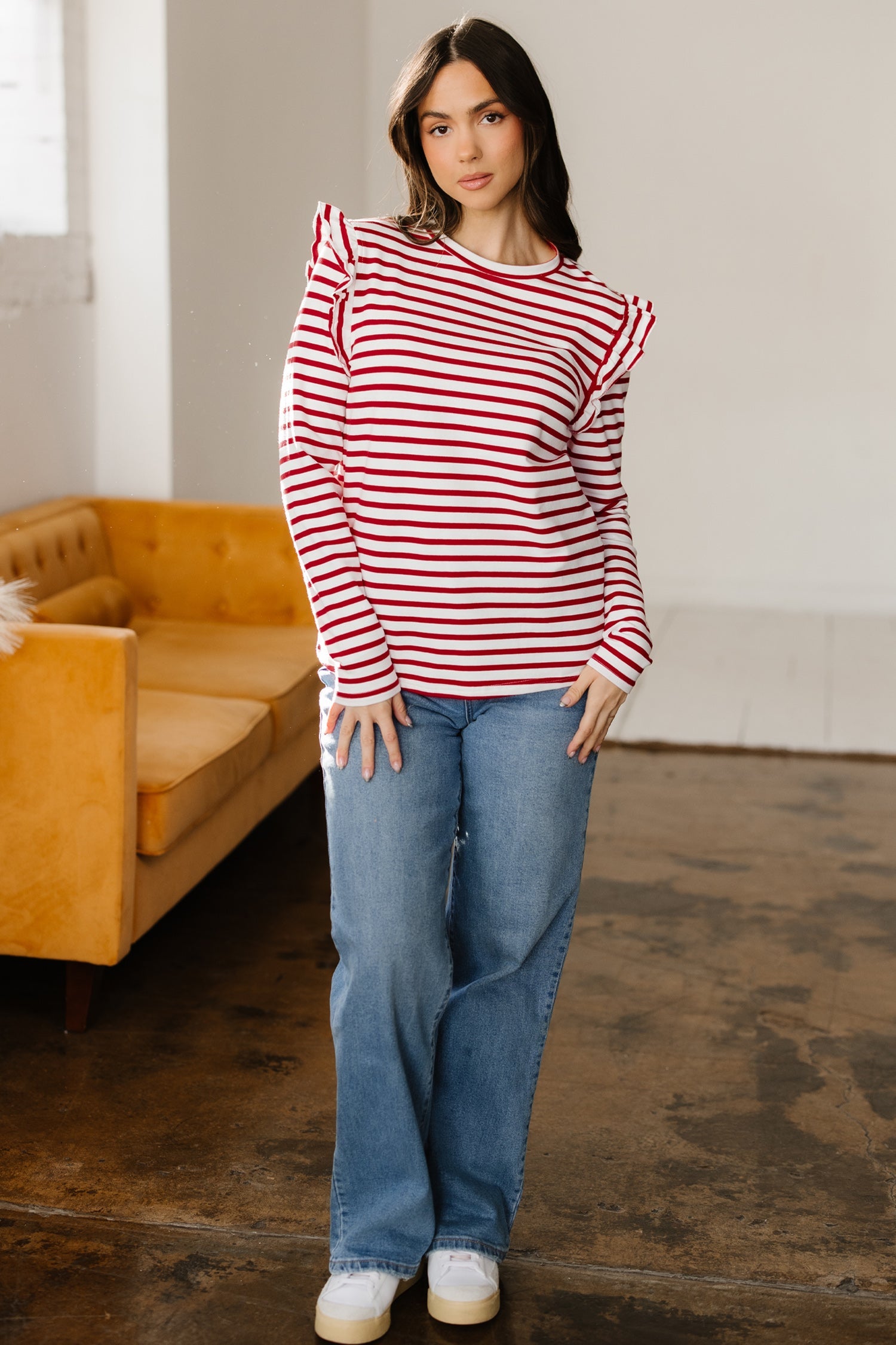 Red Stripe Round Neck Ruffle Trim Long Sleeve Top
