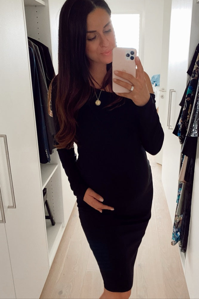PinkBlush Black One Shoulder Fitted Midi Maternity Dress
