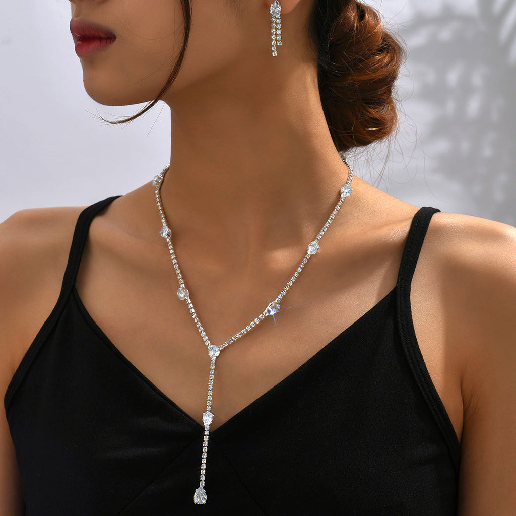 Women Graduated Teardrop Y Lariat 2Pcs Jewelry Set, Thin Single Row CZ Tennis Necklace Matching Vertical Waterdrop Dangle Earrings Gold Rhodium Two Tone Plated For Wedding Valentine Daily Gift