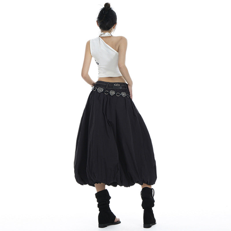 Women's Black Elastic High Waist Pleated Bubble Skirt - Image 4