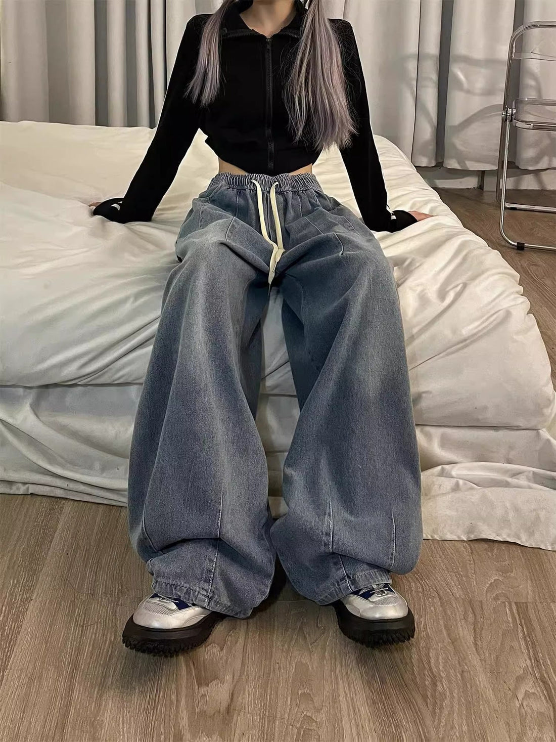 Women's Vintage Baggy Denim Jeans - Elastic Waist Wide Leg Style - Image 5