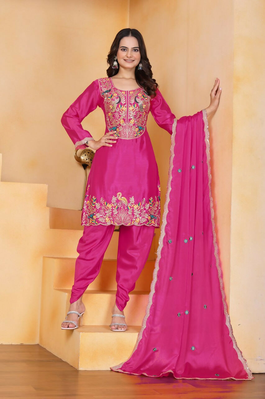 Pink Silk Embroidered Kurti with Dhoti Pant Set for Women