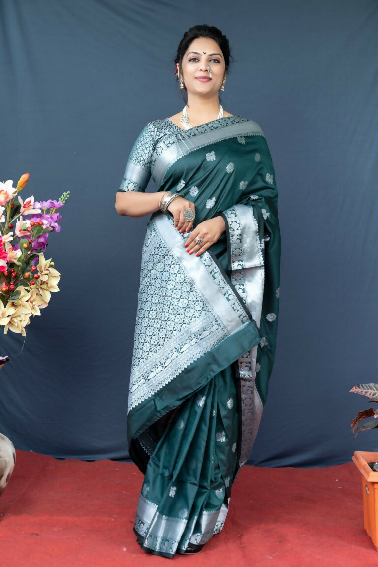 Bottle Green Soft Banarasi Silk Zari Woven Saree with Blouse