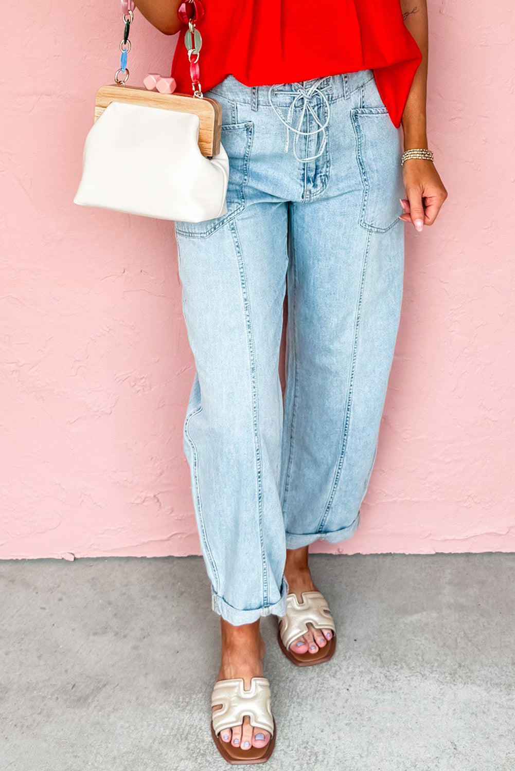 Myosotis Exposed Stitch Detail Drawstring Barrel Jeans