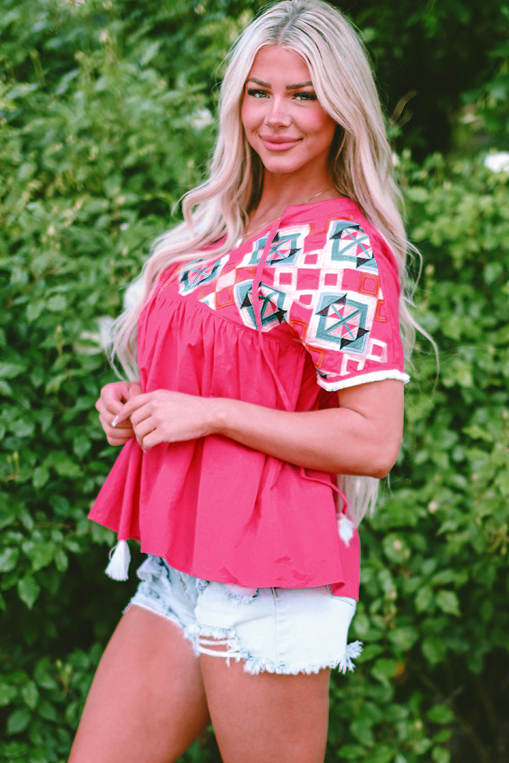 Zayla Embroidered V-Neck Blouse with Tassel Tie Detail