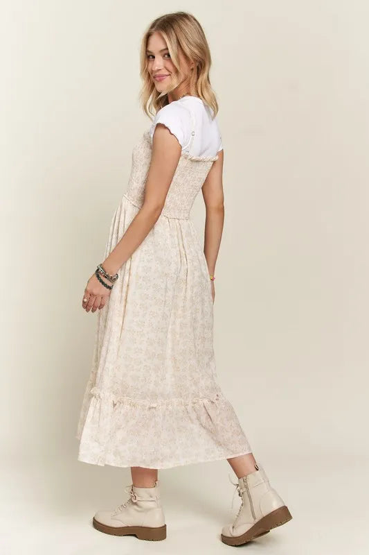 Smocked Floral Cami Dress with Ruffled Hem - Beige & White