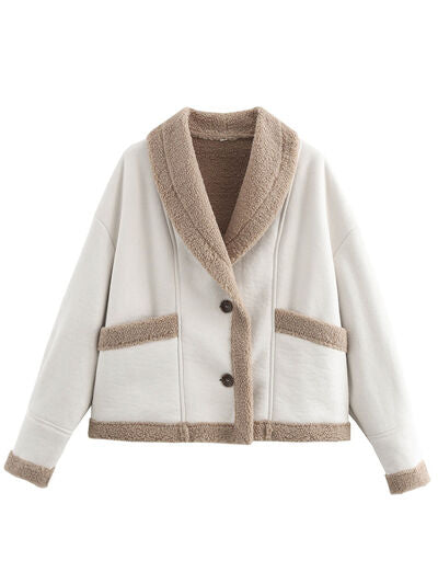 Women’s Fuzzy Collared Long Sleeve Jacket with Button Closure