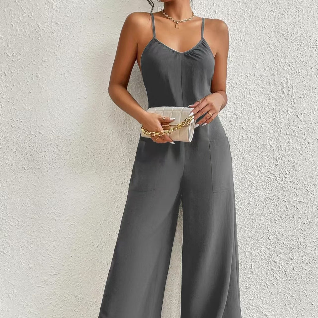 Women’s Pleated Chest Cross-Strap Sleeveless Jumpsuit