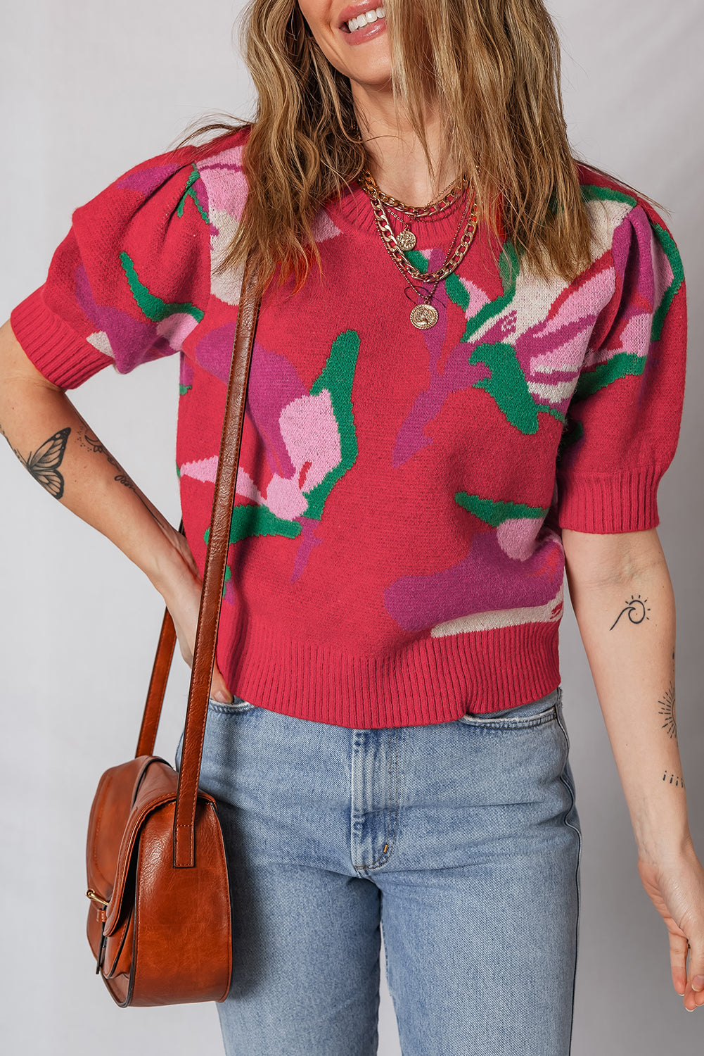 Floral Abstract Short Puff Sleeve Sweater