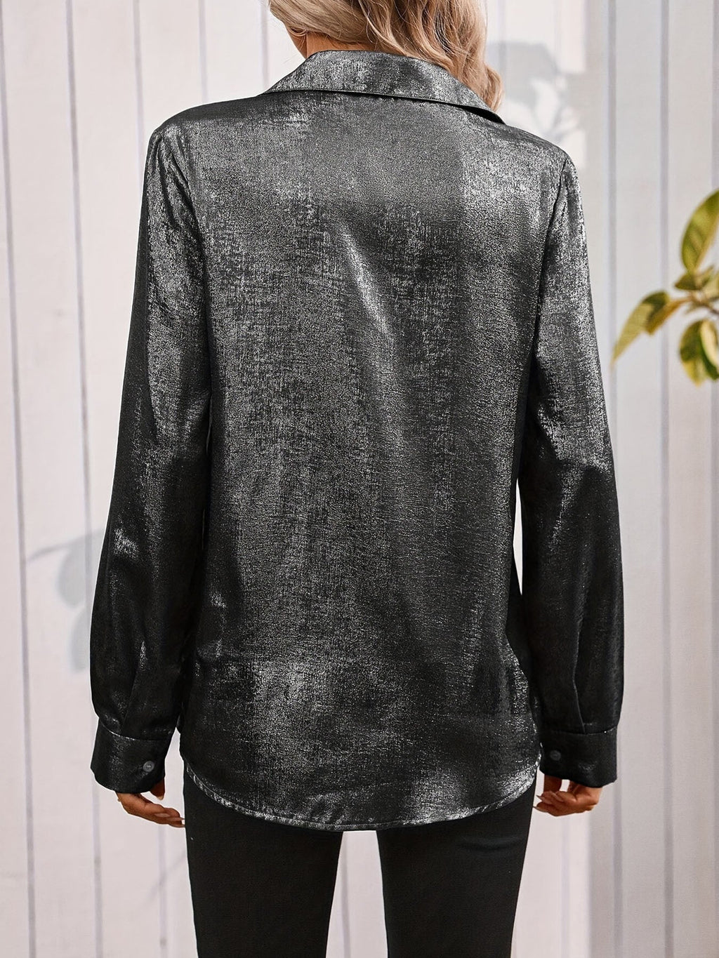 Women's Satin Long Sleeve V-Neck Shirt in Neutral Tones