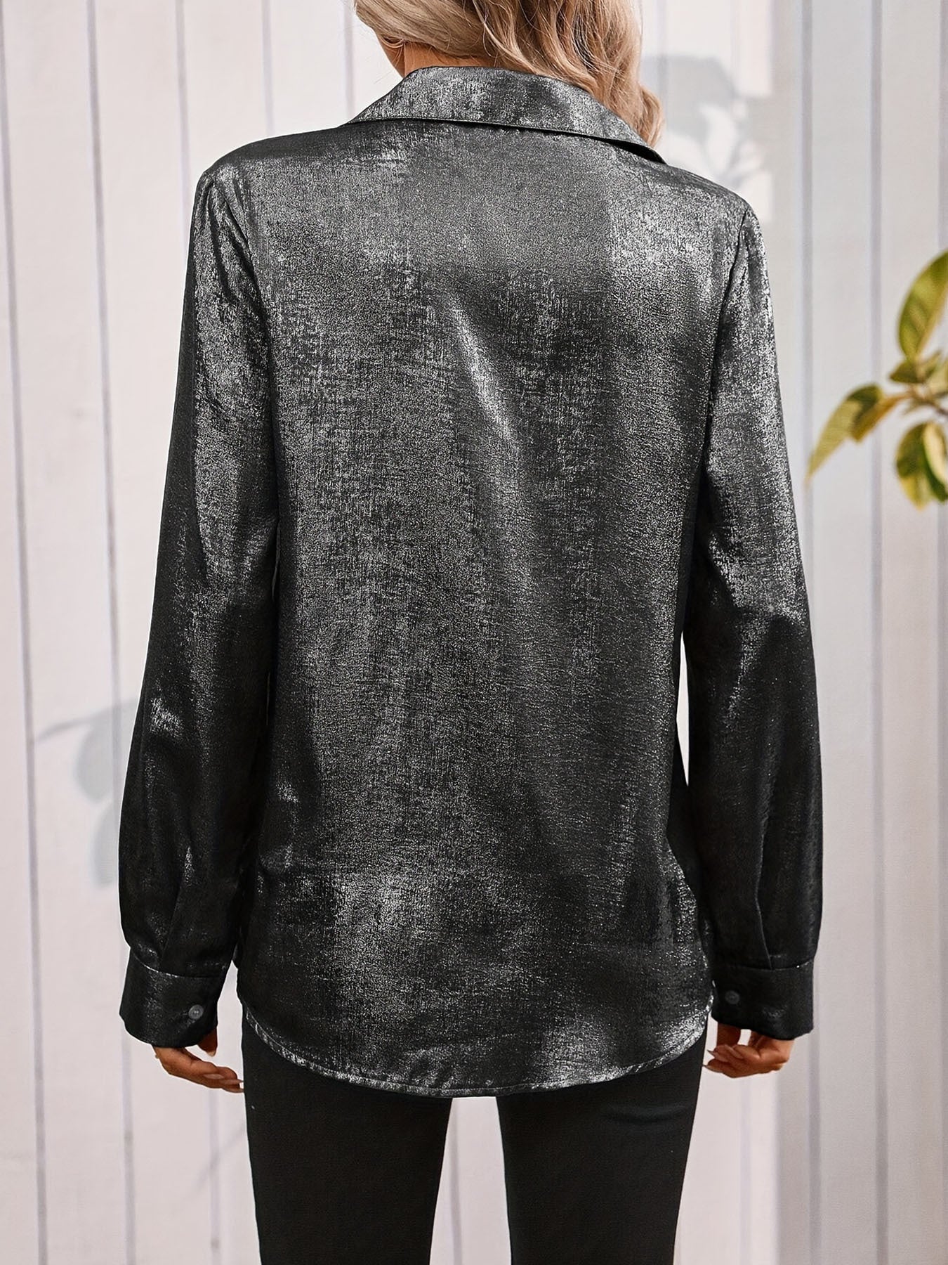 Women's Satin Long Sleeve V-Neck Shirt in Neutral Tones