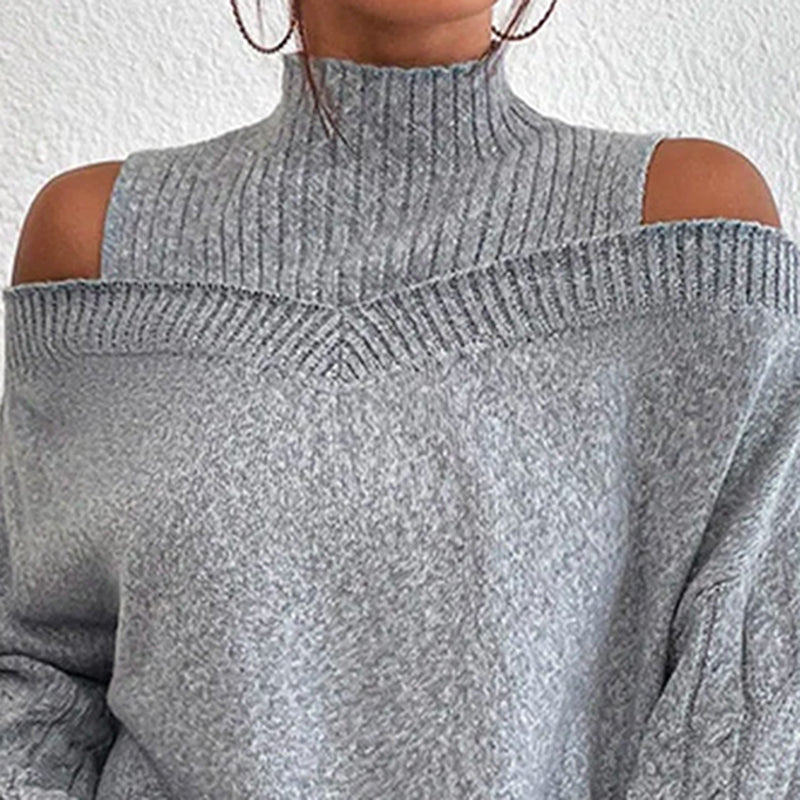 Women's Cold Shoulder High Neck Cable Knit Sweater Pullover - Image 7