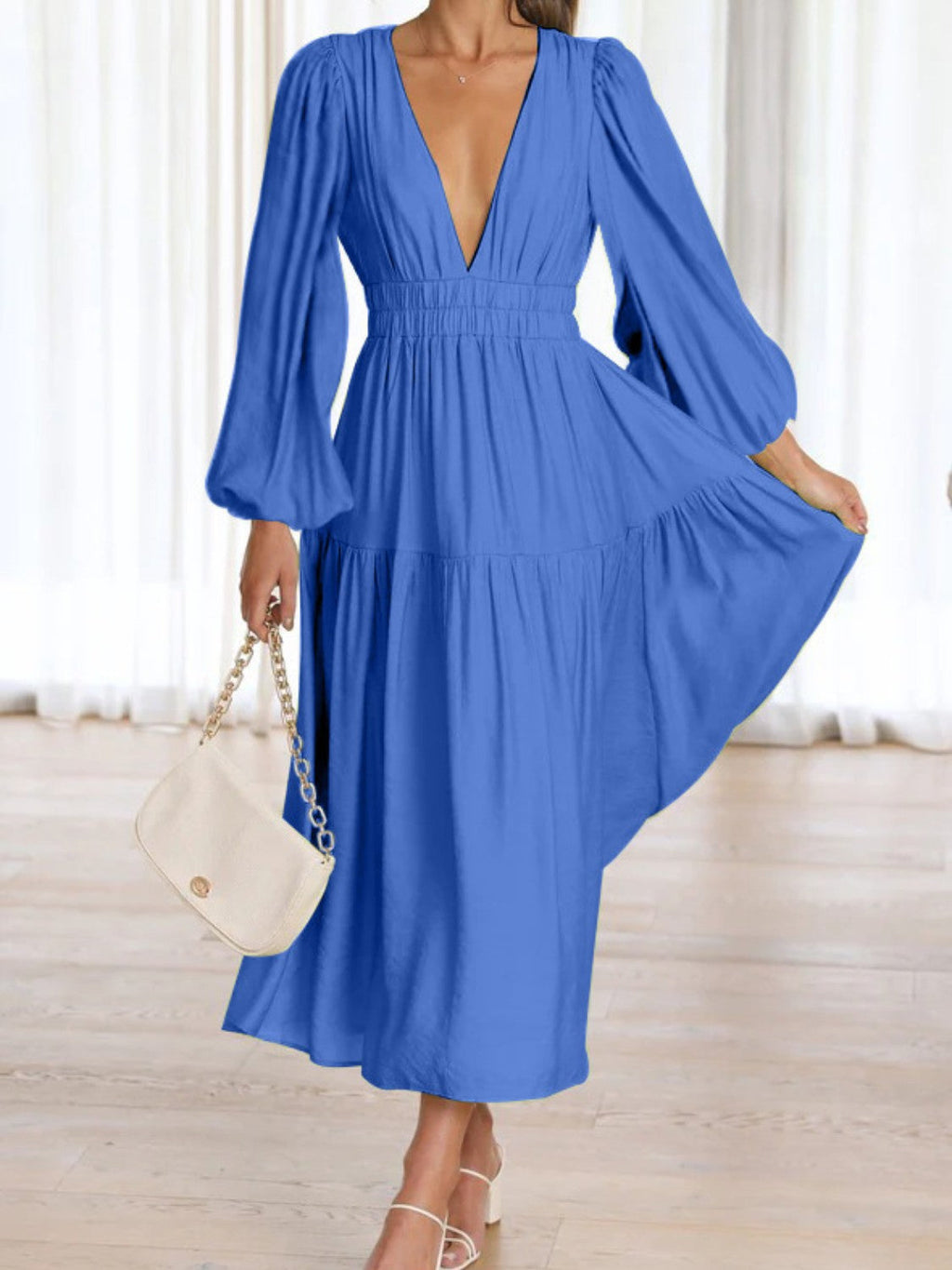 Bohemian Deep V-Neck Maxi Dress with Dramatic Balloon Sleeves