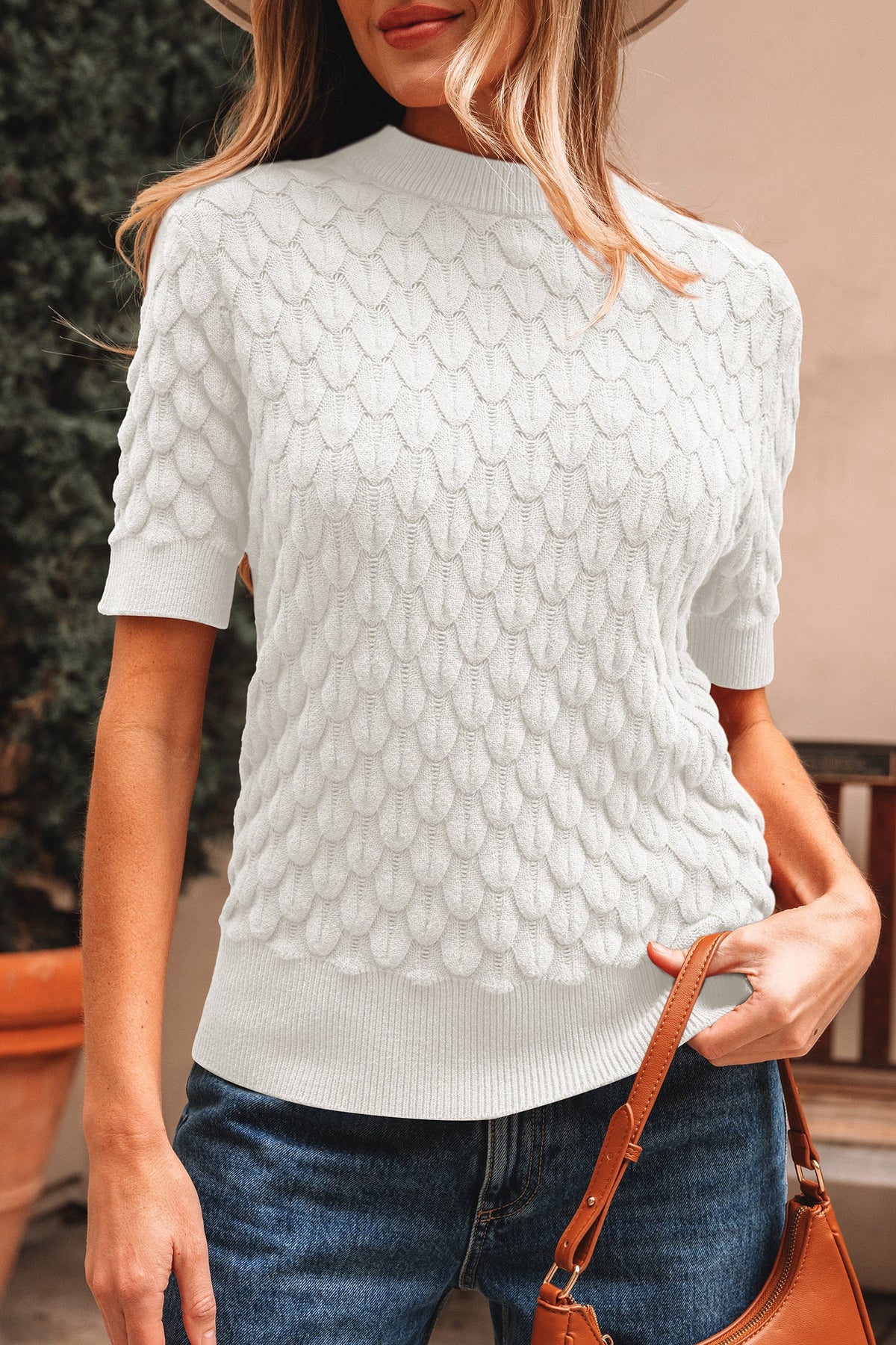 Fish Scale Textured Knit Short Sleeve Sweater