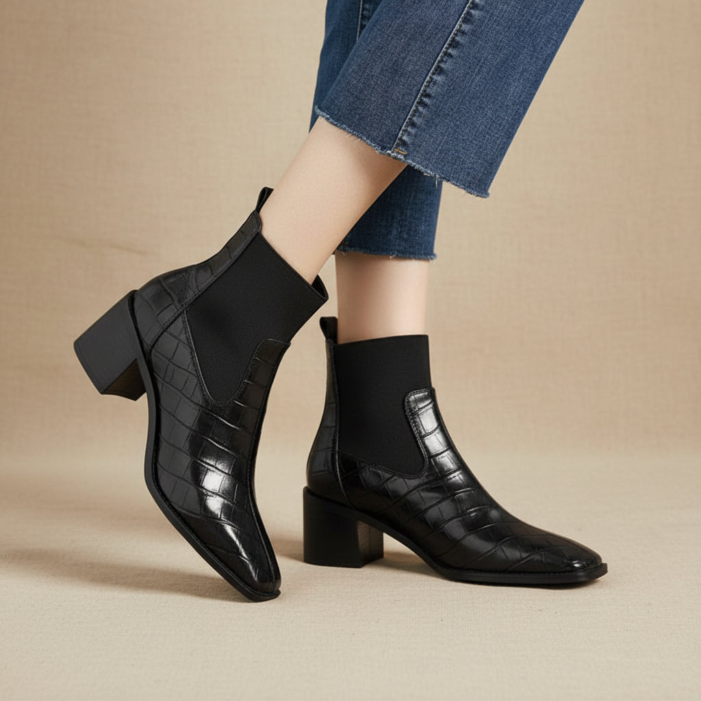 Brown Croc Embossed Square Toe Ankle Boots with Chunky Heel - Image 5
