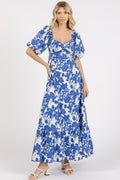 A romantic floral mini dress with puff sleeves and a cutout back detail.