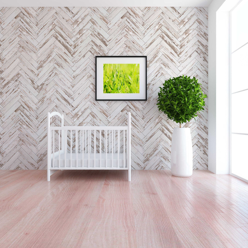 Harper Removable Wallpaper in White and Brown Farmhouse Style