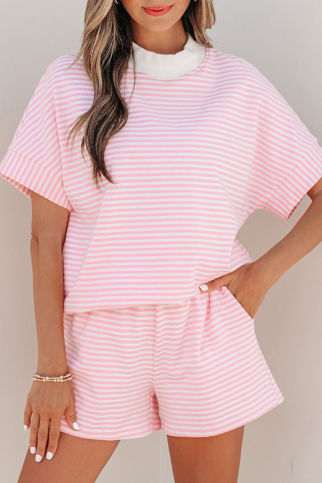 Stripe Contrast Mock Neck Tee & Shorts Set