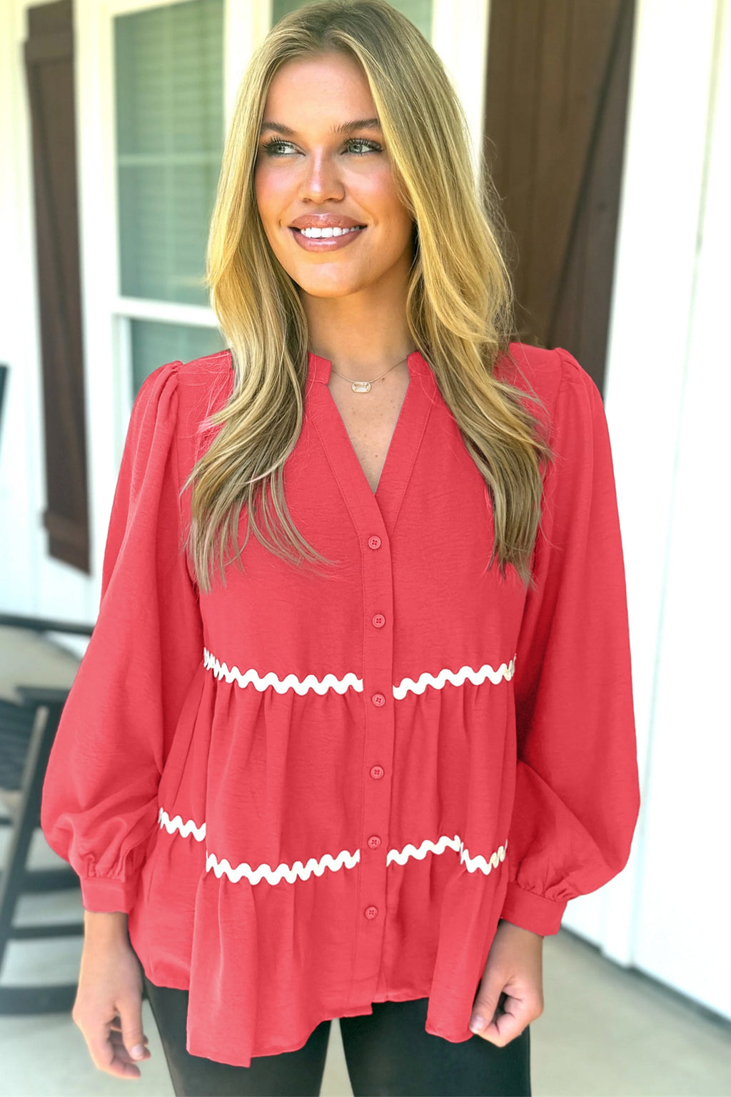 Coral Contrast Ricrac Trim V-Neck Button Down Shirt