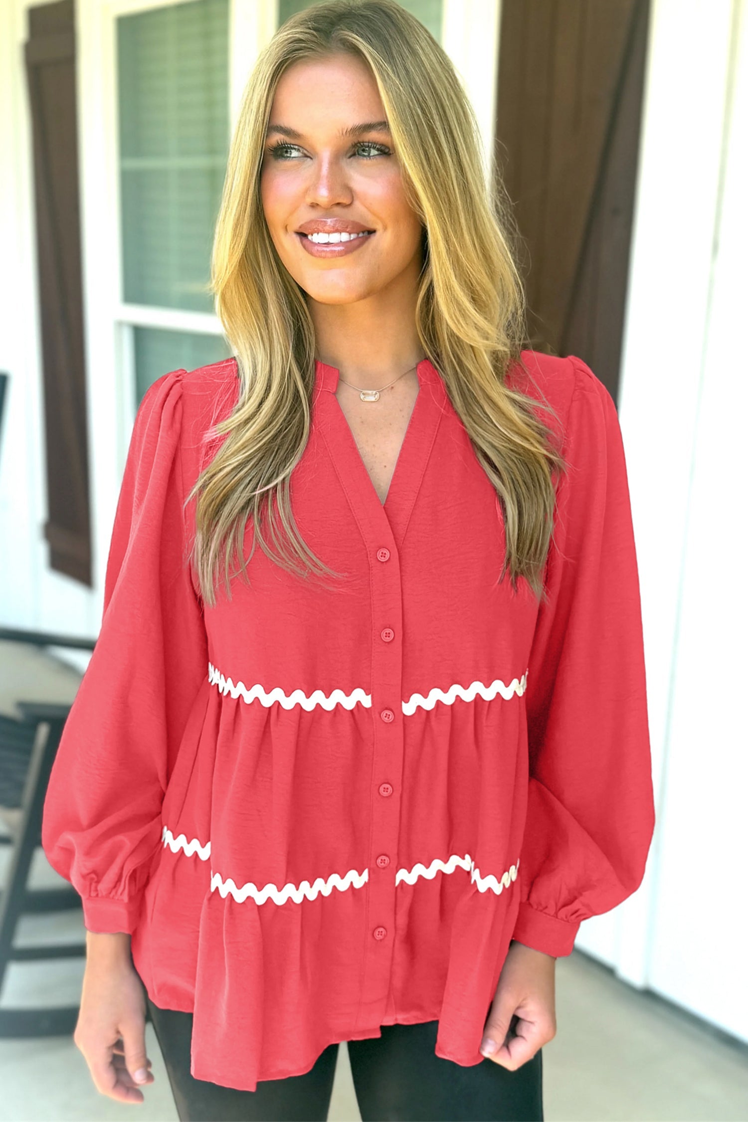 Coral Contrast Ricrac Trim V-Neck Button Down Shirt