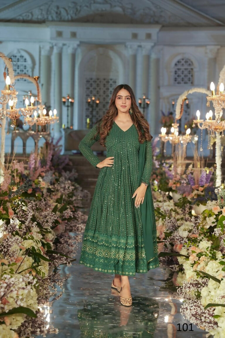 Green Faux Georgette Anarkali Dress with Zari & Sequence