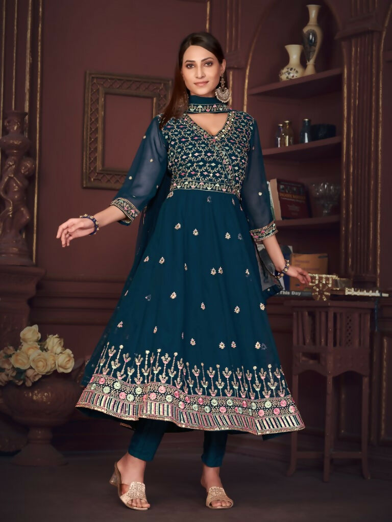 Women's Rama Georgette Floral Embroidered Anarkali Kurta Set