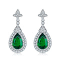 S925 Silver 5.4g Lab-Created Emerald Drop Earrings, 3.4ct 11x7mm Halo Pair