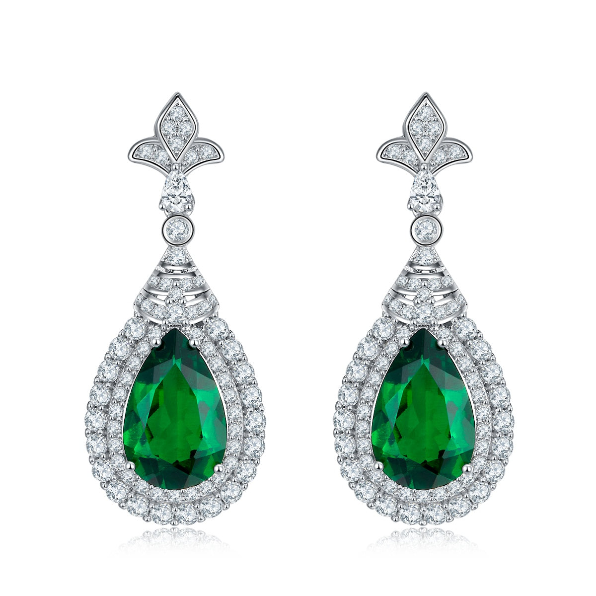 S925 Silver 5.4g Lab-Created Emerald Drop Earrings, 3.4ct 11x7mm Halo Pair